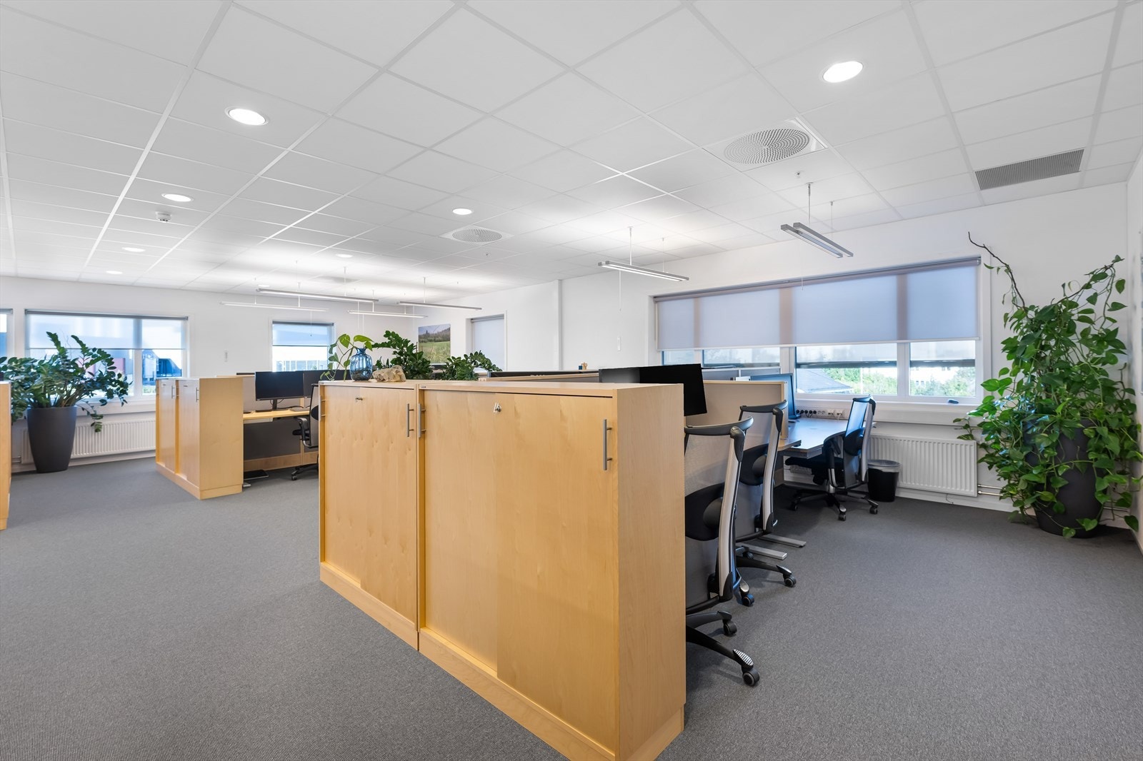 Landskapet i de ledige lokalene i 4. etg. er i dag møblert med 16 arbeidsplasser.