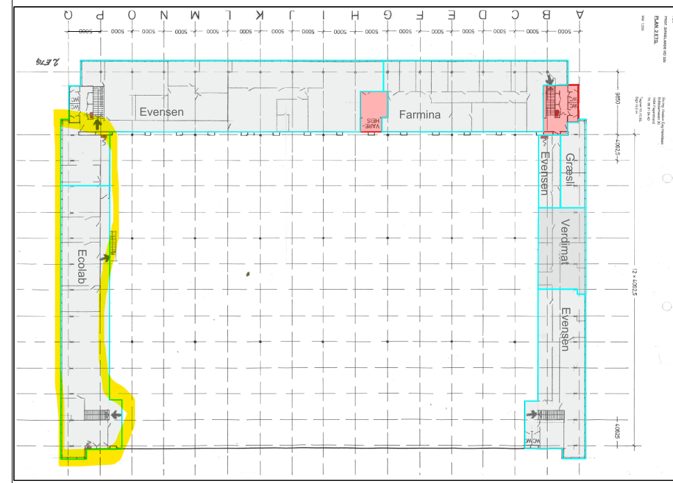 Plantegning kontor 329,2 kvm i 2. etasje (markert med gult omriss) Galleribilde