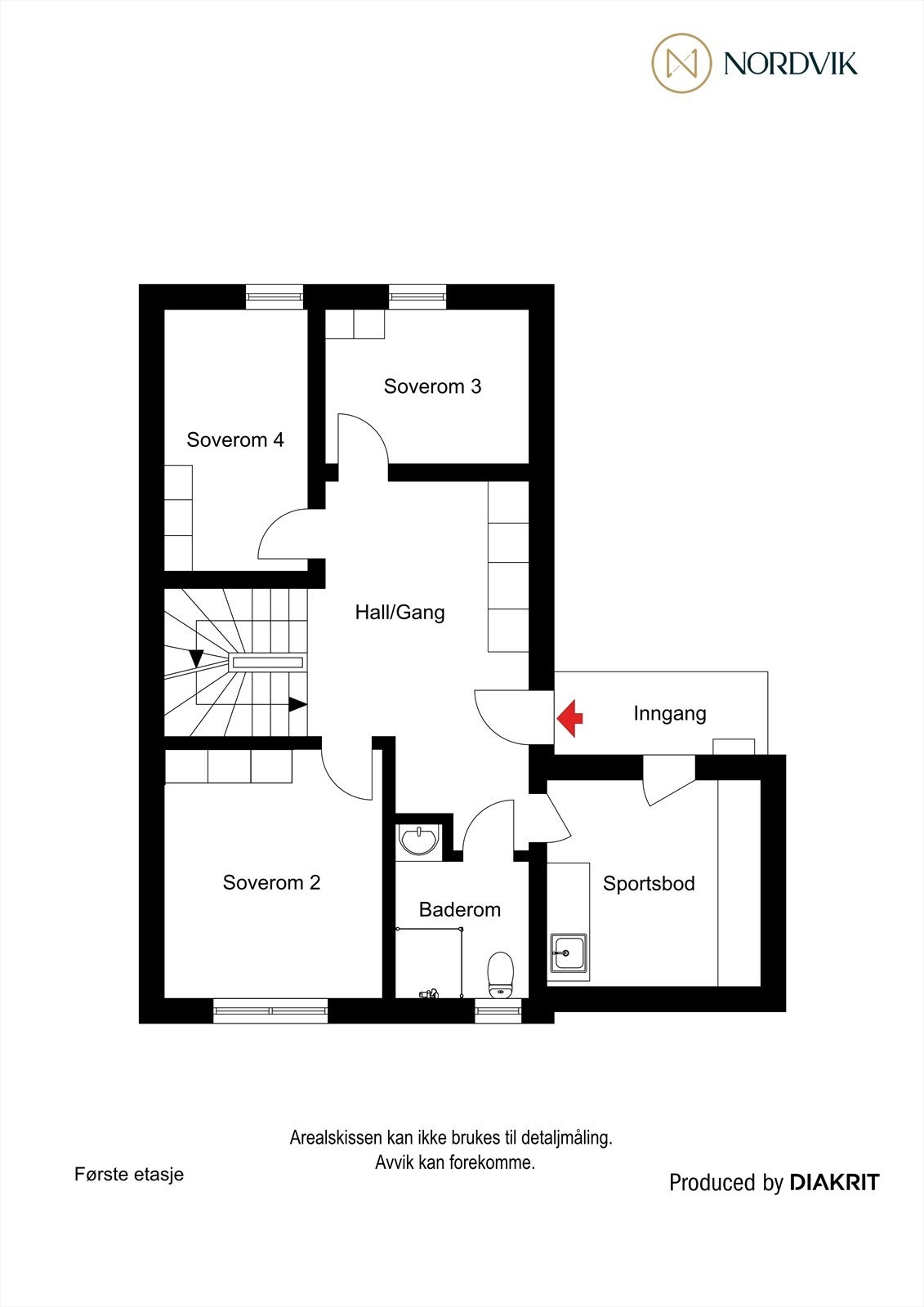 1. etasje inneholder romslig hall/gang, 3 soverom, bad og sportsbod (NB! Det er tegnet inn garderobe, og skapløsninger som ikke er en del av standardleveransen, men kun ment som et mulig forslag. Se salgsoppgaven for komplett leveransebeskrivelse). Galleribilde