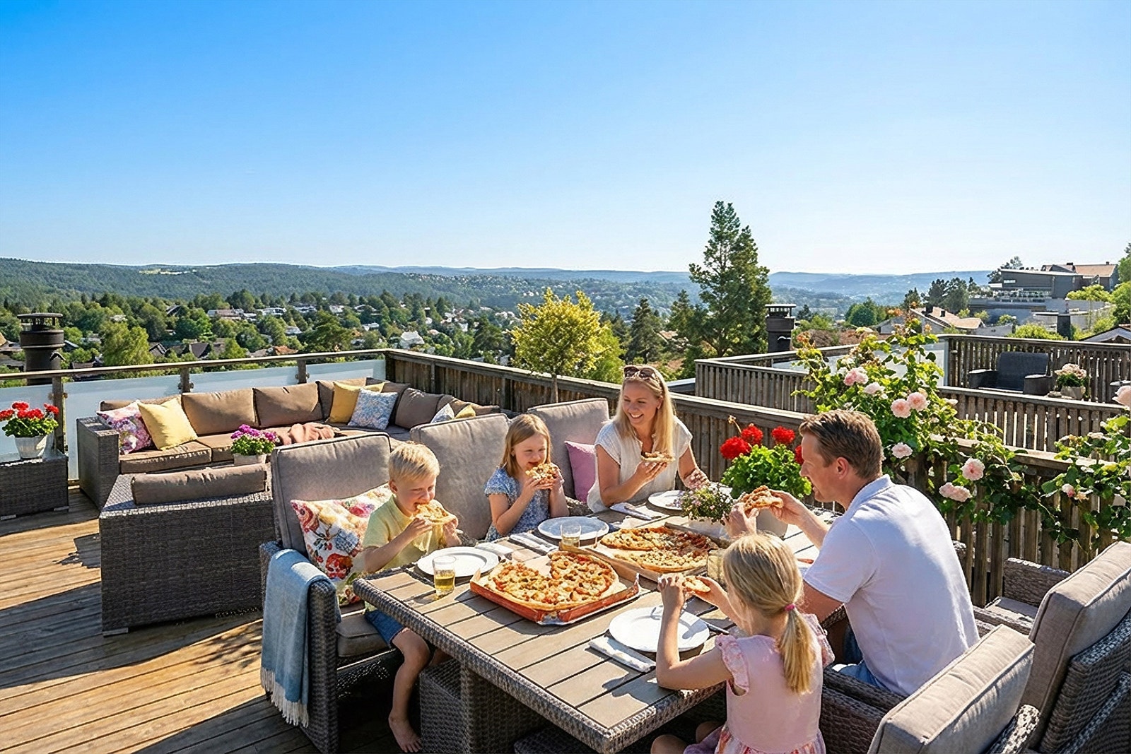 På takterrassen kan hele familien nyte lange sommerdager (AI-redigert bilde til sommerstid) Galleribilde