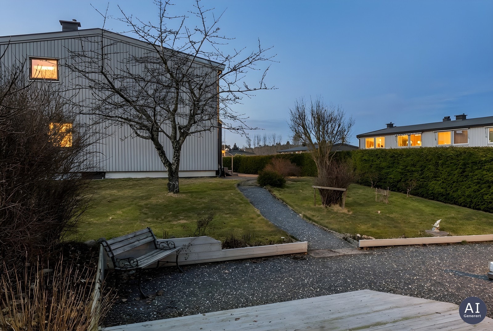 Fellestomten er pent opparbeidet med gress, busker og beplantning. Galleribilde