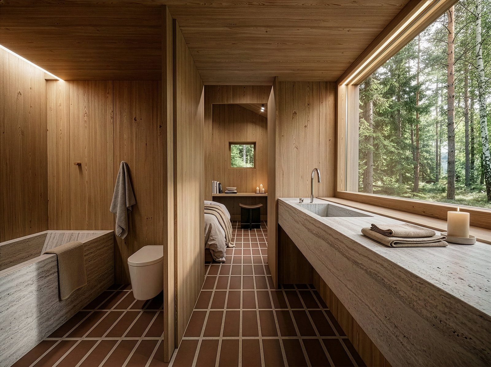 Illustrasjon av badet, hvor gjennomgående materialvalg i tre og stein skaper en harmonisk og rolig atmosfære. (Illustrasjonen er generert ved hjelp av AI) Galleribilde