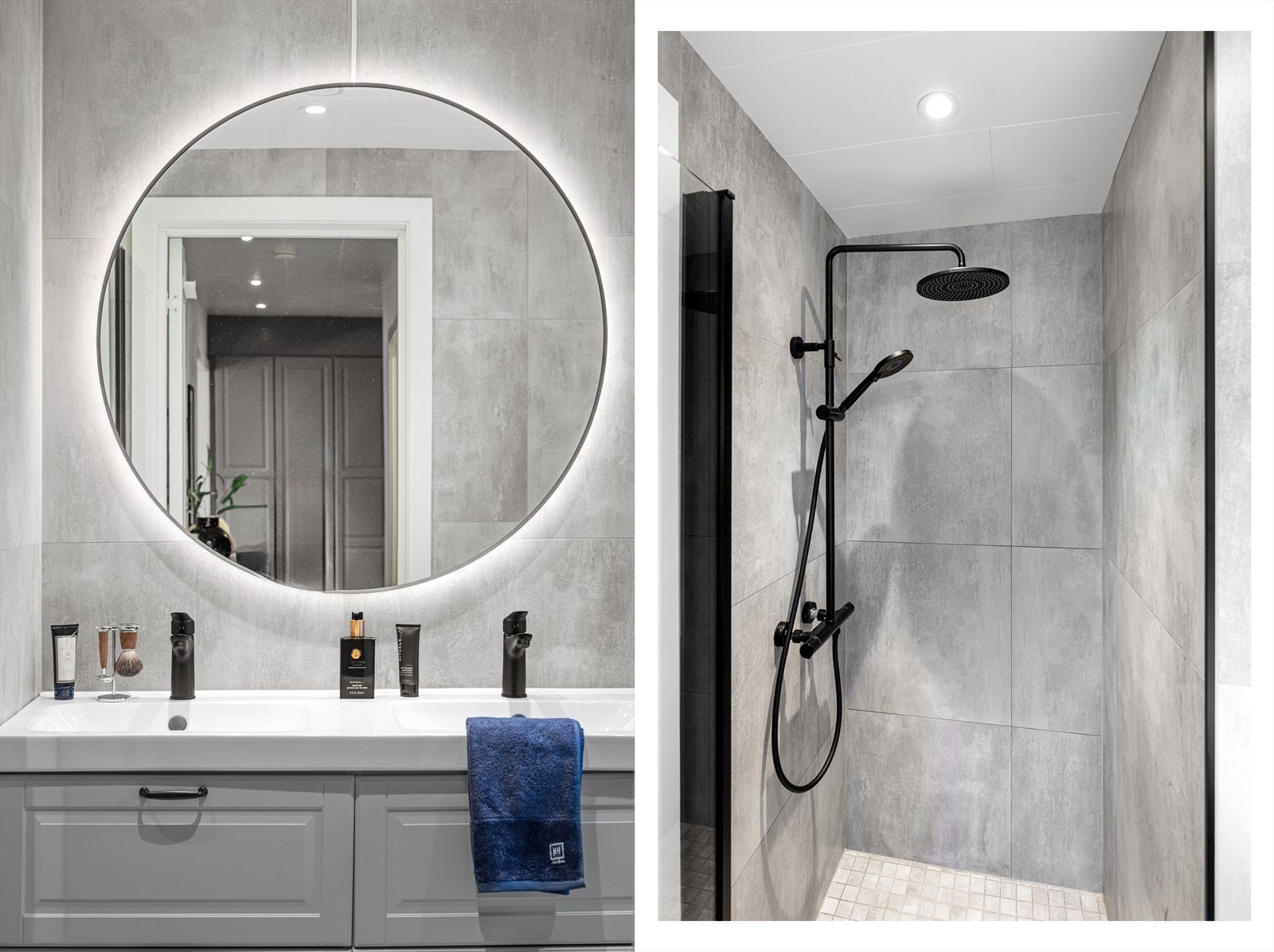 Innredningen har dobbel servant i helstøpt plate, og dusjsonen har innfellbar dør i herdet glass. Galleribilde