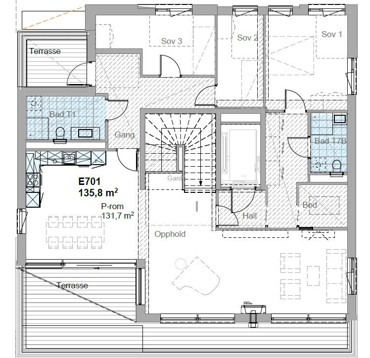 alternativ plantegning med garderom ved hovedsoverom (Dette er ment som en illustasjon av mulighetene til kjøper, krever enkel ombygging) Galleribilde