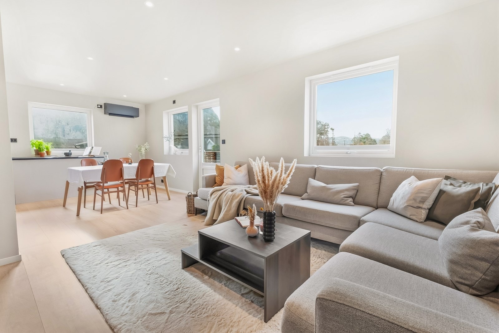 Varmepumpen er montert i kjøkken/stue i hovedetasjen. Herfra er det også direkte utgang til terrassen i front. Galleribilde