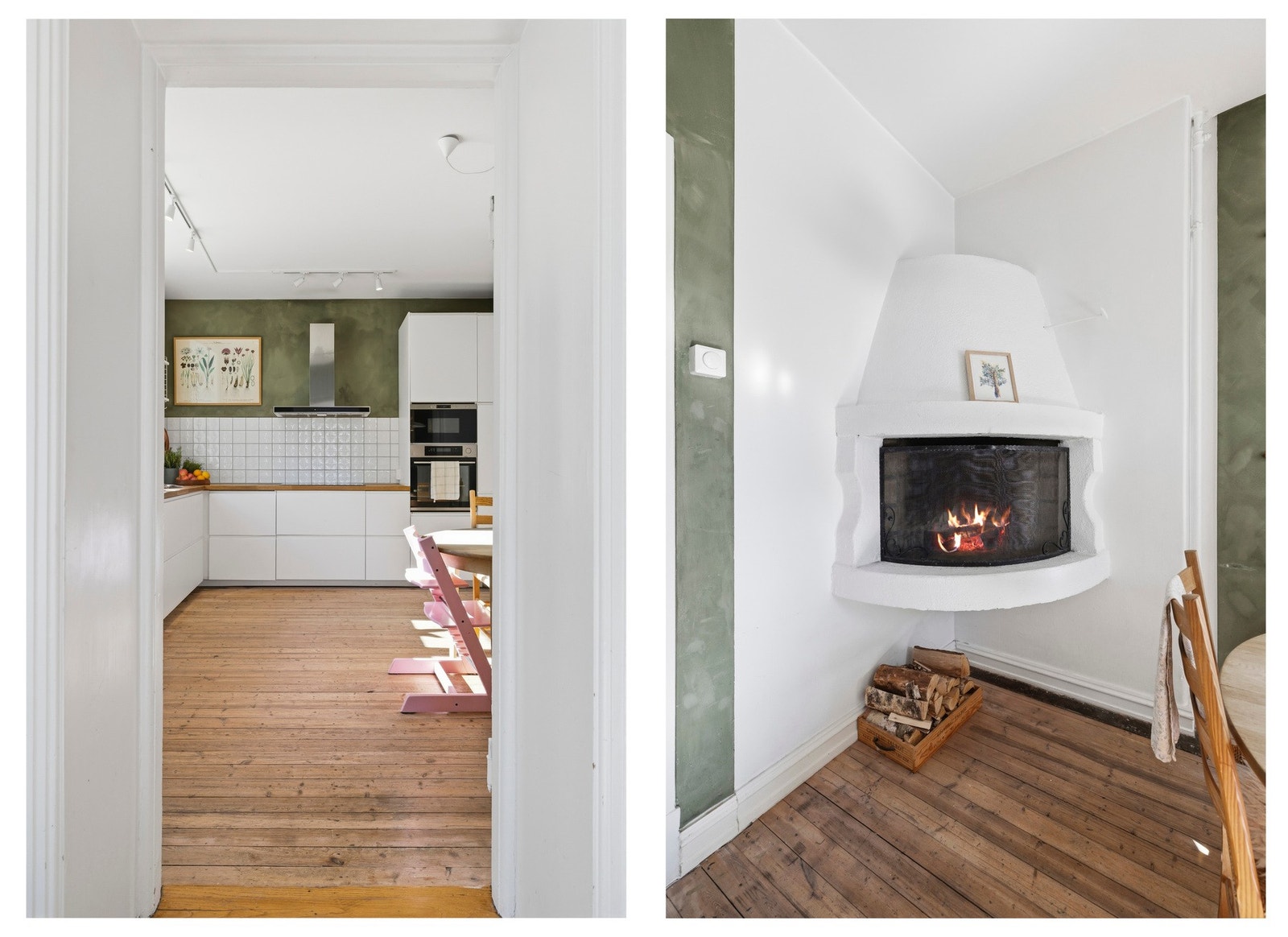 Lekkert kjøkken med spiseplass og peis Galleribilde