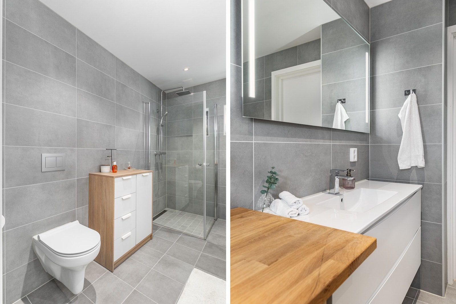 Fliser i grå nyanser på gulv og vegger gir badet helhet.
Spottene innfelt i himlingen kan dimmes. Galleribilde