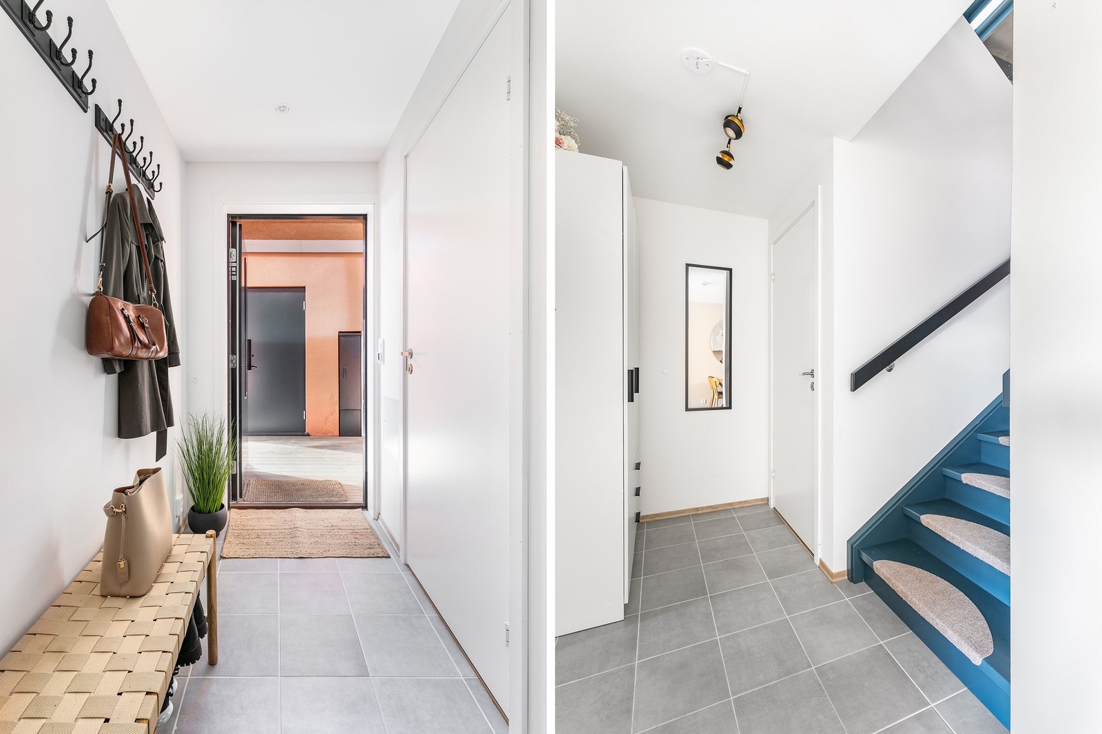 Entreen kan lukkes av med skyvedør. Fliser er lagt gjennomgående til gangen. Under trappen finnes bod med tekniske installasjoner. Galleribilde