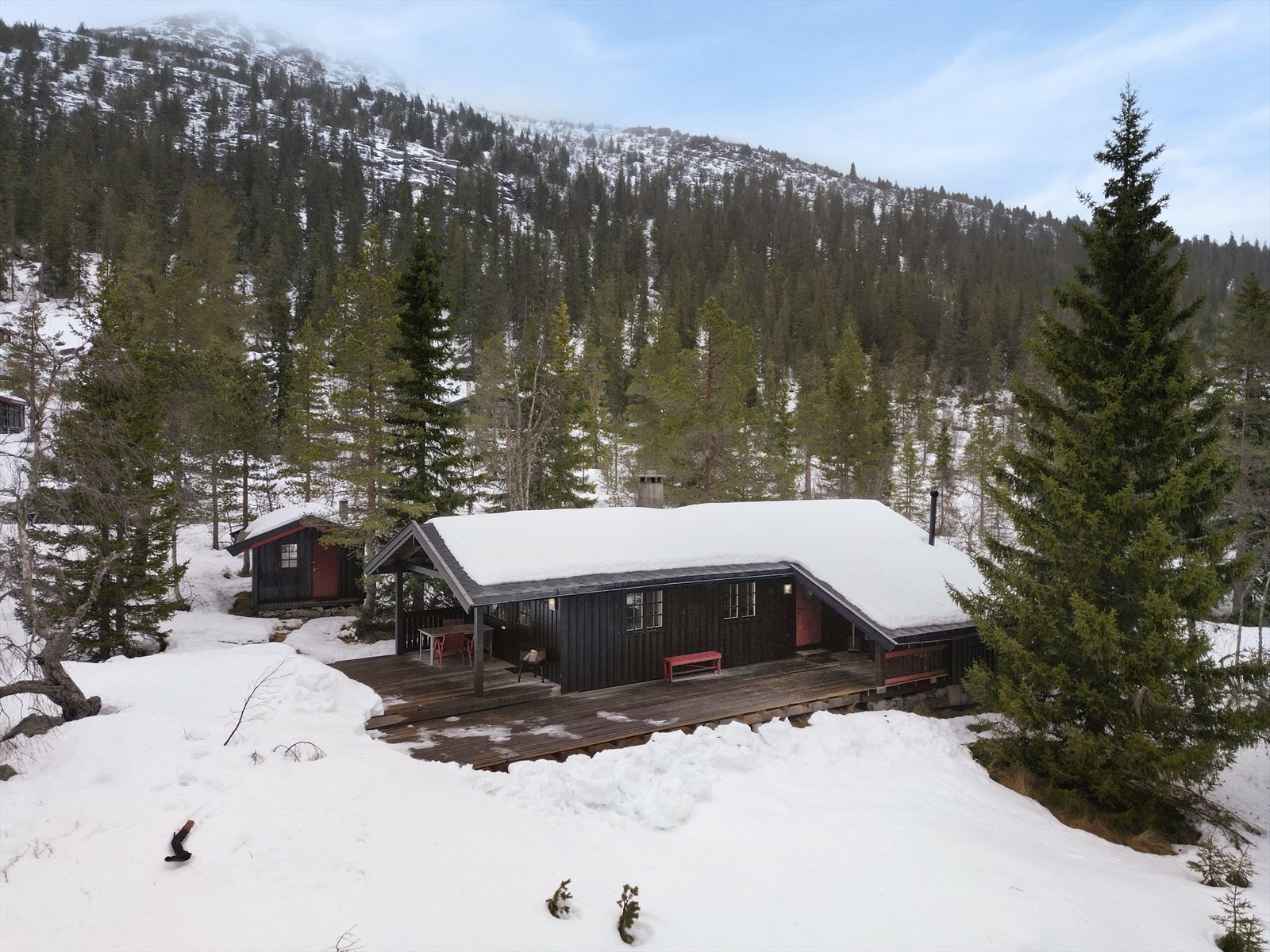 Tomten er stort sett naturtomt, og hytta ligger fritt til med god avstand til naboer. Galleribilde