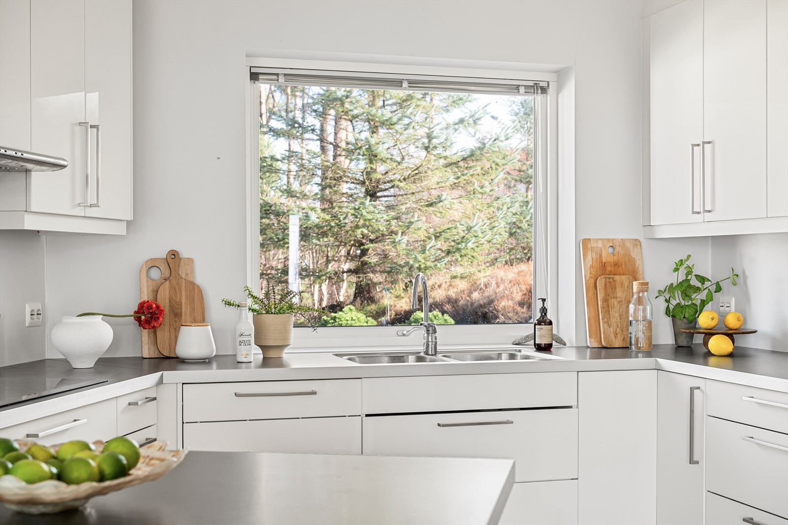 Her er det integrerte hvitevarer som koketopp, oppvaskmaskin, stekeovn, mikrobølgeovn og vinskap. Galleribilde