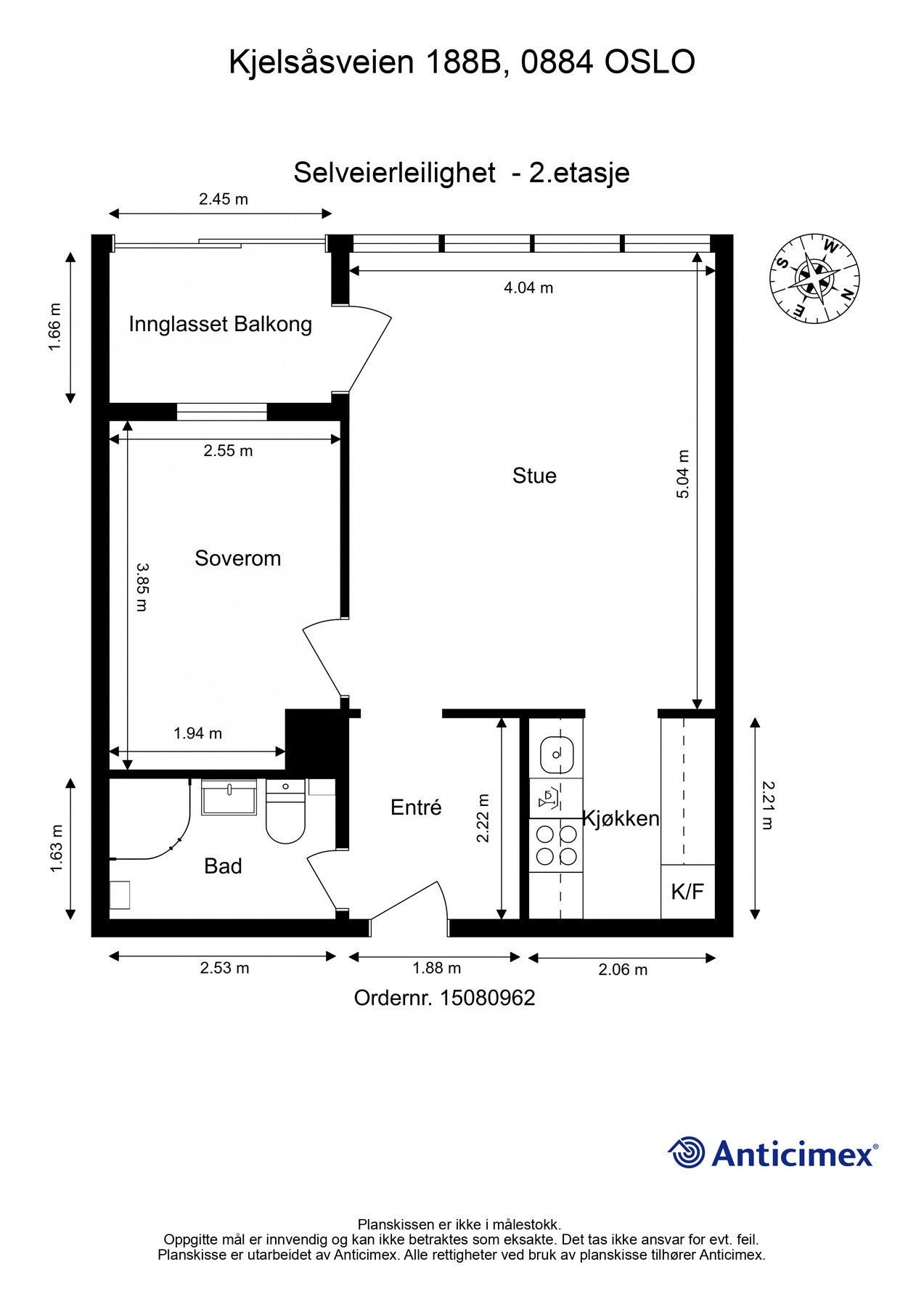Vi starter med en titt på planskisse fra takstmann. Med leiligheten følgers også 2 stk. kjellerboder på forholdsvis 1 og 2 kvadratmeter. Galleribilde