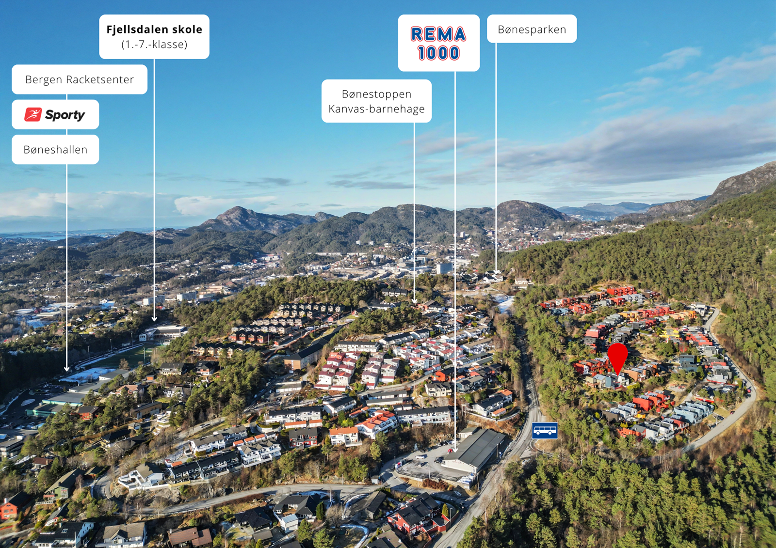Snarvei til busstoppet gjennom skogen fra huset, og gangavstand til mye. Galleribilde