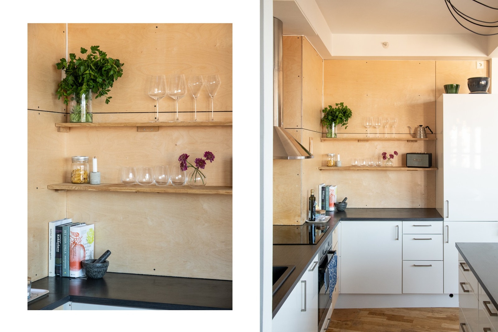 Over benkeplaten er det benyttet finerplater, som gir en varm og harmonisk kontrast til de øvrige materialvalgene. Galleribilde