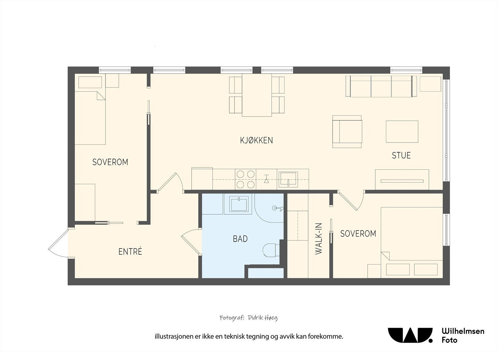 Plantegning - leiligheten er på hele 61 kvm, fremstår romslig og inneholder entré, bad, to soverom, omkledningsrom/bod og åpen stue/kjøkkenløsning. Galleribilde