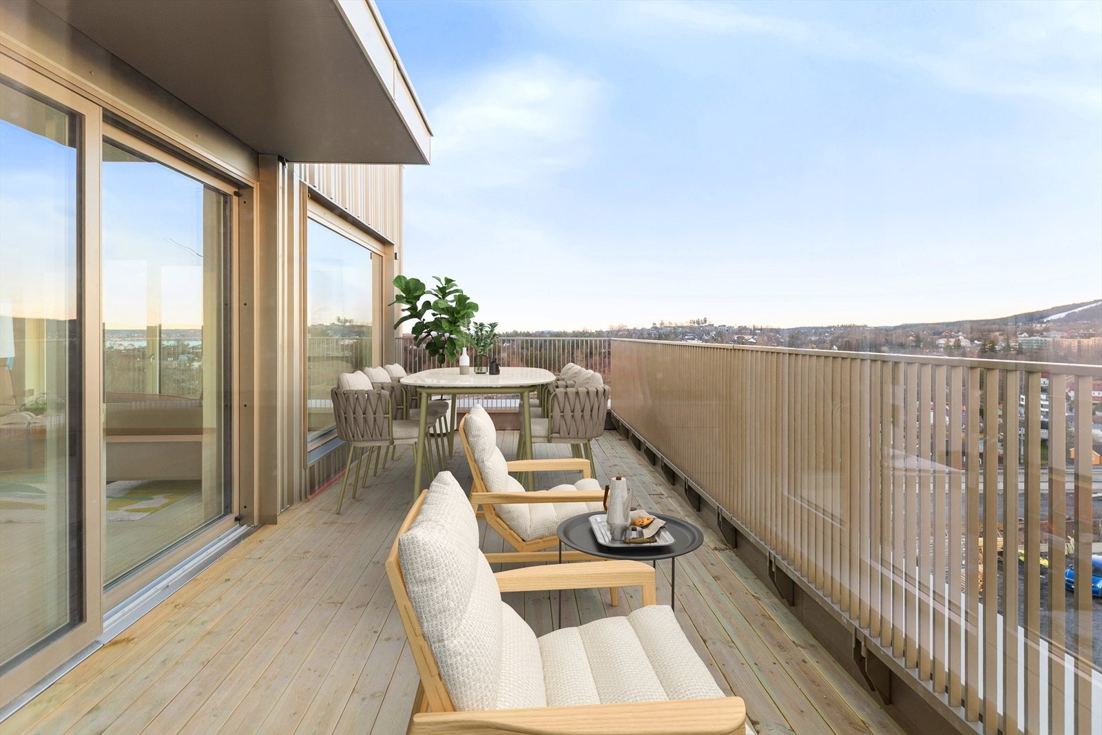 Privat takterrasse på ca. 22 kvm. Utsikt fra på toppen av bygget i 5. etasje. Foto: Walso Work. Bilder i annonsen er digitalt stylet. Galleribilde