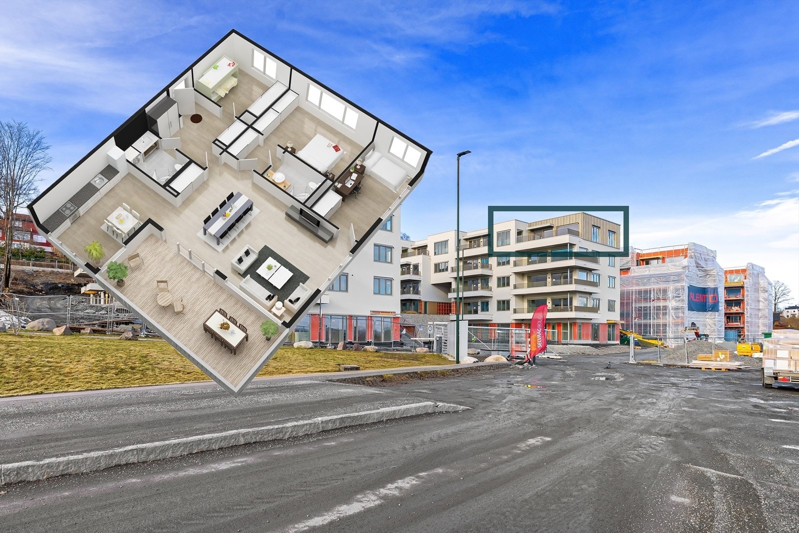 Fin beliggenhet på toppen av hus A2. Omtrentlig plassering avmerket. Galleribilde