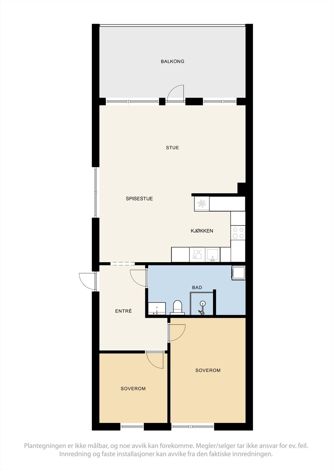 Leiligheten har en gjennomtenkt planløsning med to soverom og en åpen stue- og kjøkkenløsning med utgang til balkong. Galleribilde