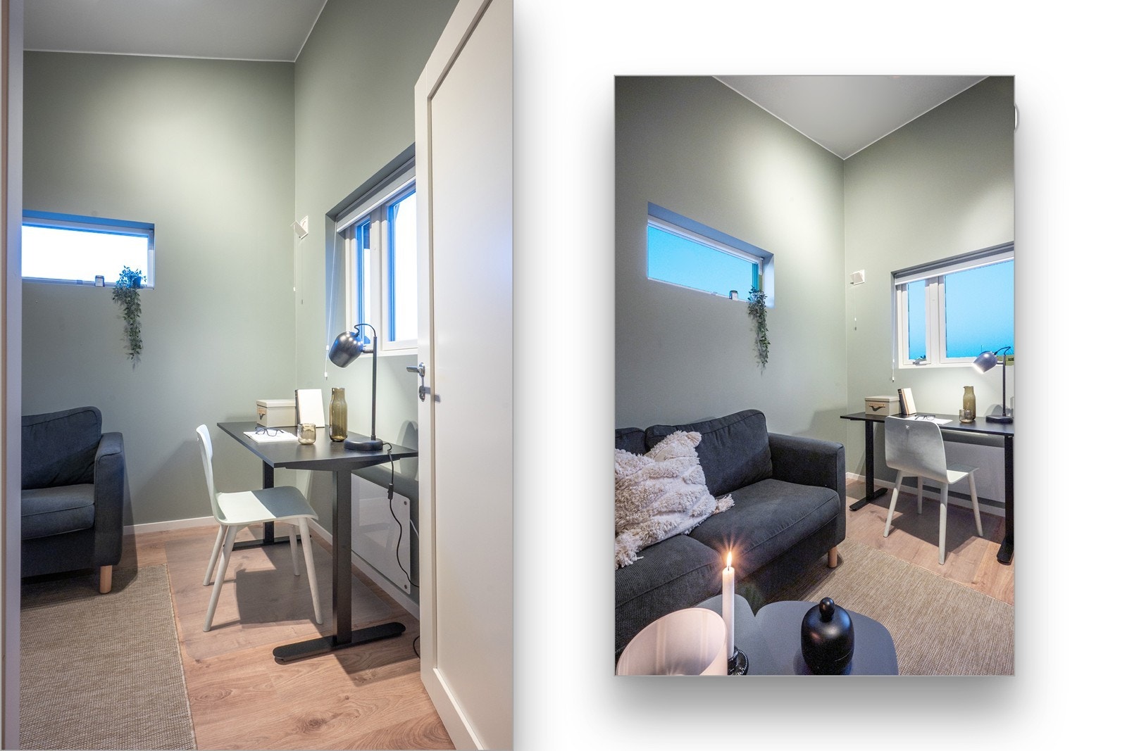 Soverom 4 fremstår som et luftig og moderne rom med samme gode takhøyde som resten av tilbygget, og stilrene fargekombinasjoner. Galleribilde
