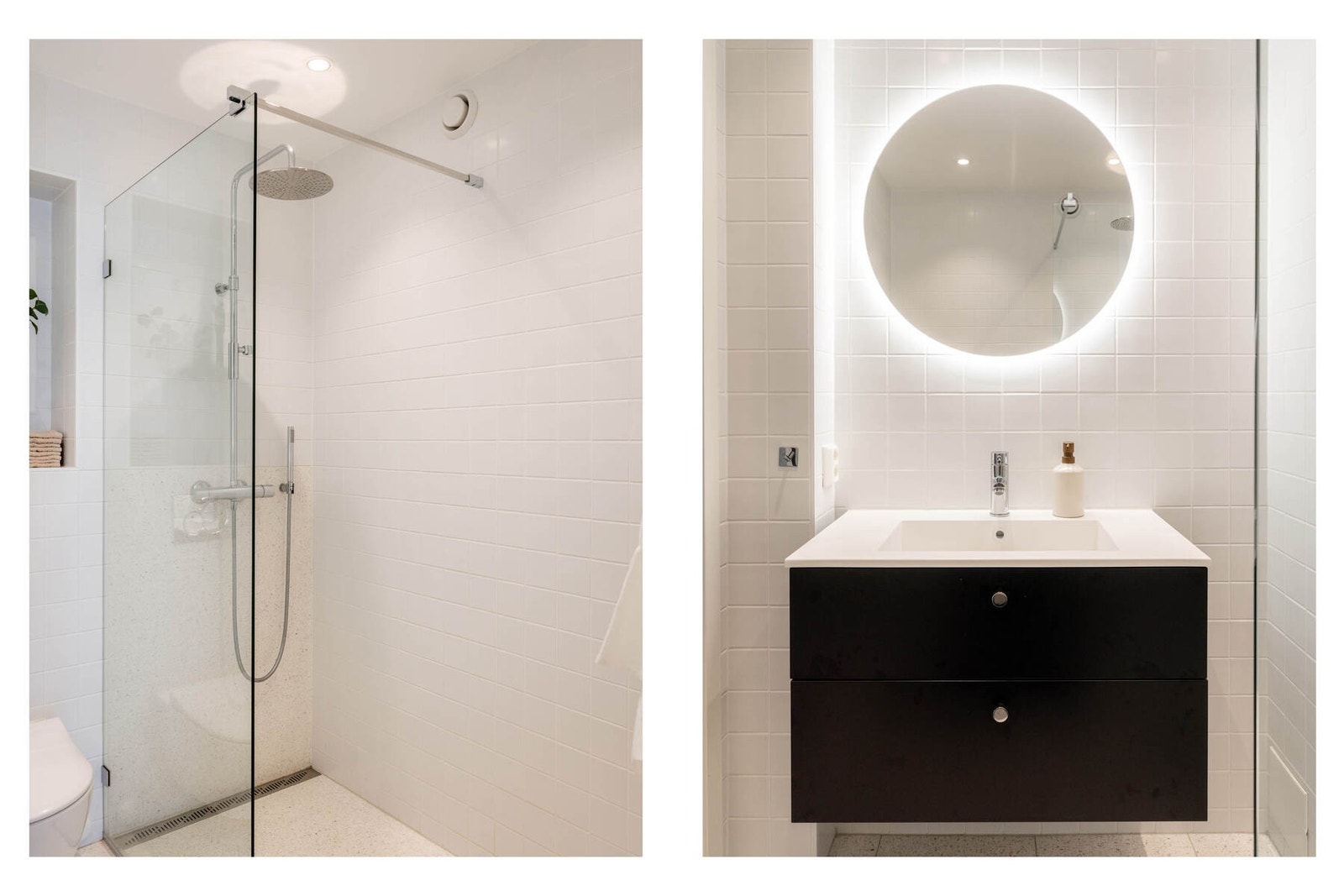 Videre er badet utstyrt med veggmontert toalett og dusjhjørne med glassvegg og moderne armatur. Praktiske nisjer i vegg gir ekstra oppbevaring. Badet fremstår som funksjonelt, lettstelt og med en gjennomført standard. Galleribilde