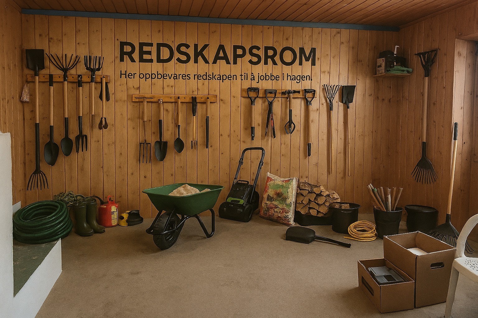 Dette er et AI-generert inspirasjonsbilde som viser hvordan rommet er innredet redskapsrom. Galleribilde