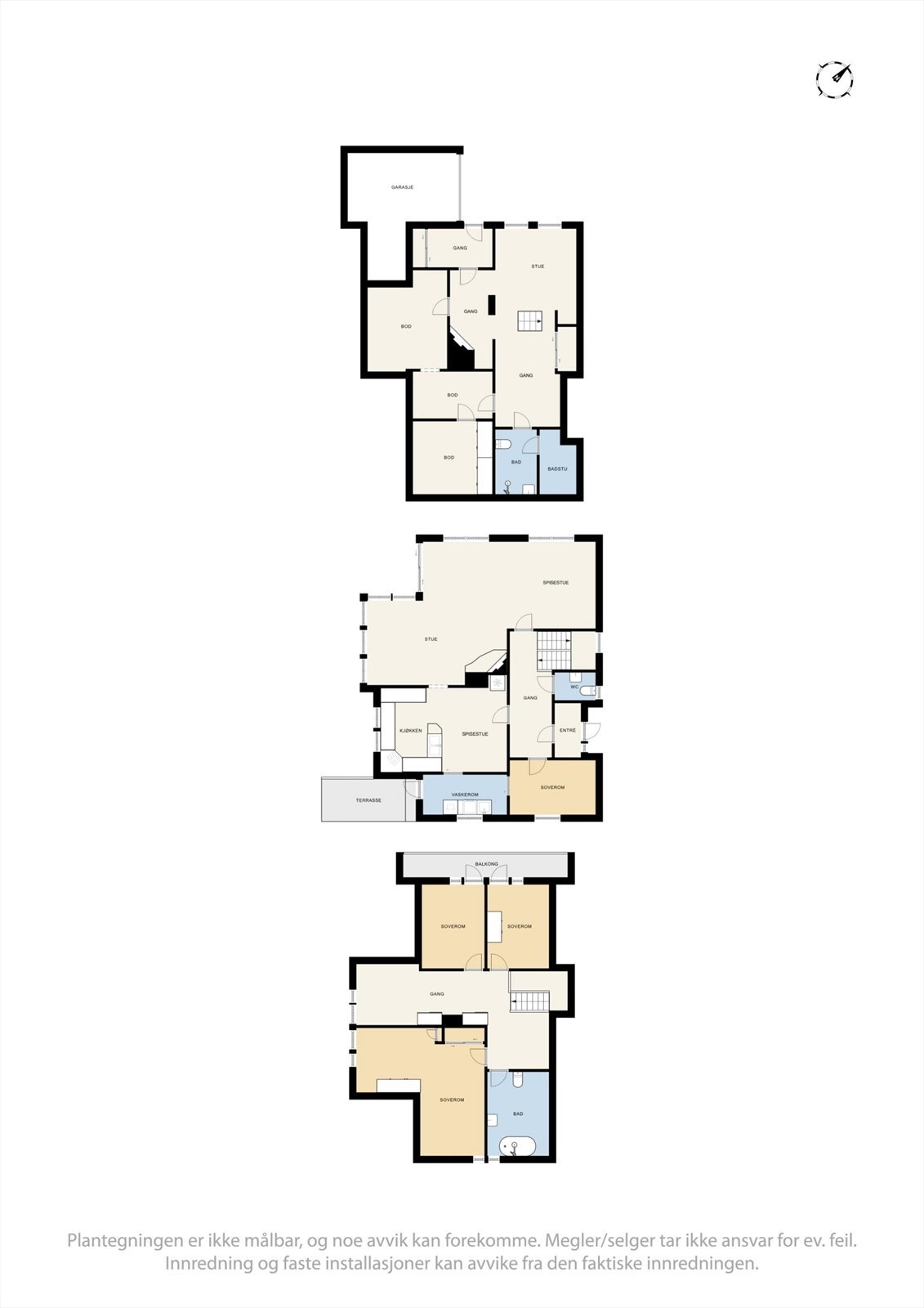 Eneboligen går over tre plan og har en familievennlig planløsning med fire soverom og rikelig med lagringsplass i tre boder. Galleribilde