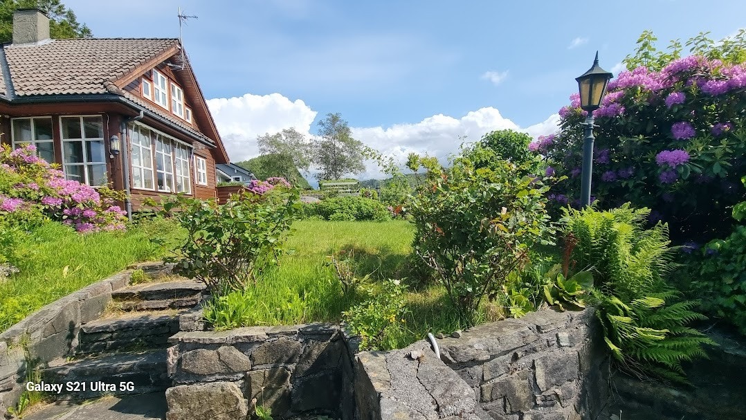 Uteområdet er opparbeidet med gressplener, beplantning og murer som skaper hyggelige soner i hagen. Galleribilde