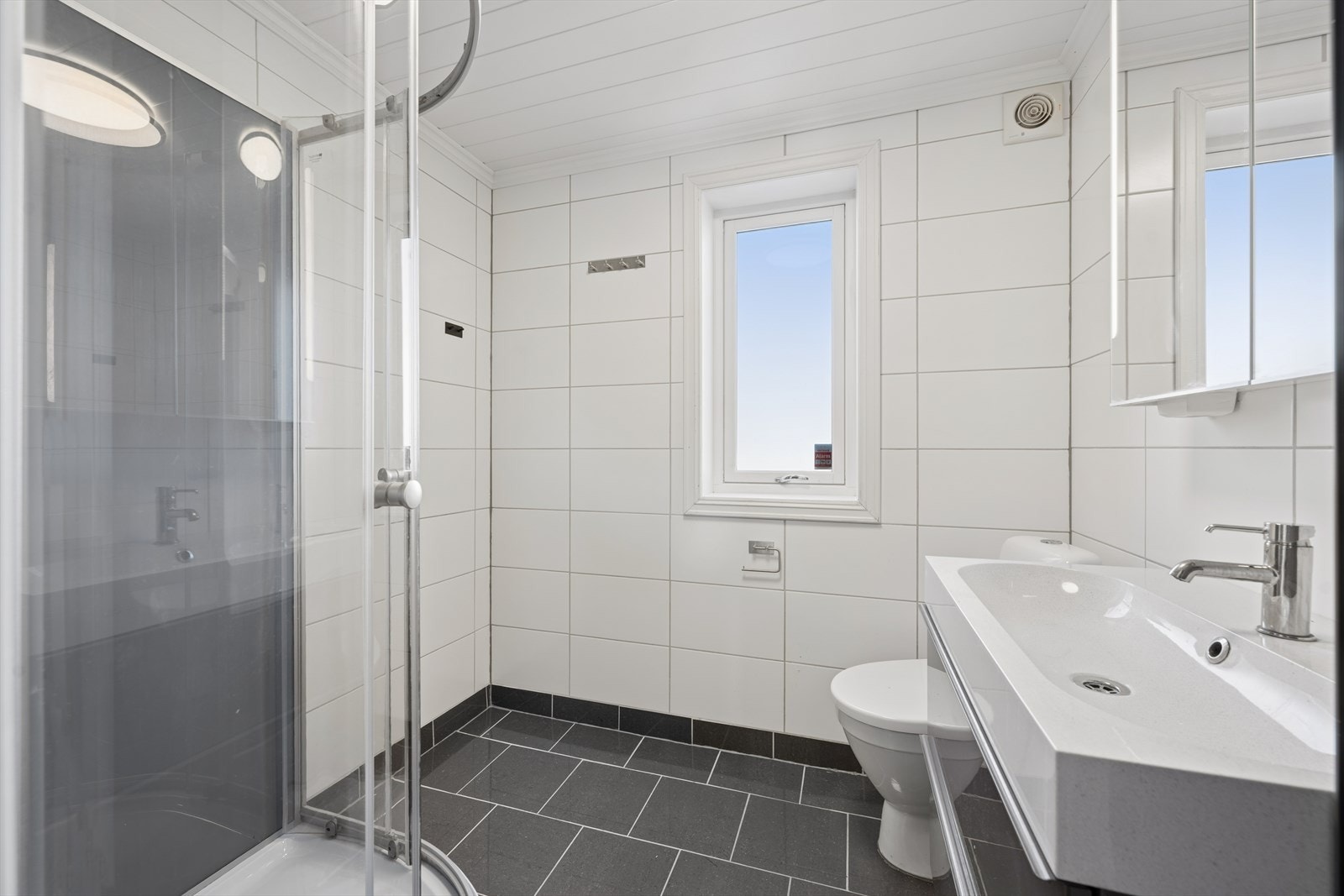 Badet i første etasje er utstyrt med dusjkabinett, servant og toalett. Galleribilde