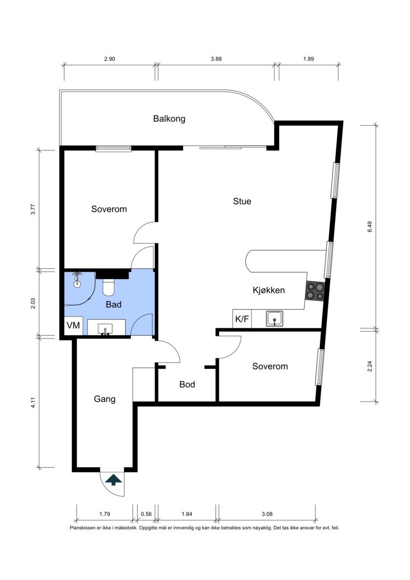 Arealeffektiv planløsning på 75 m² som inneholder entré, to soverom, bad, bod og en åpen stue- og kjøkkenløsning. Galleribilde
