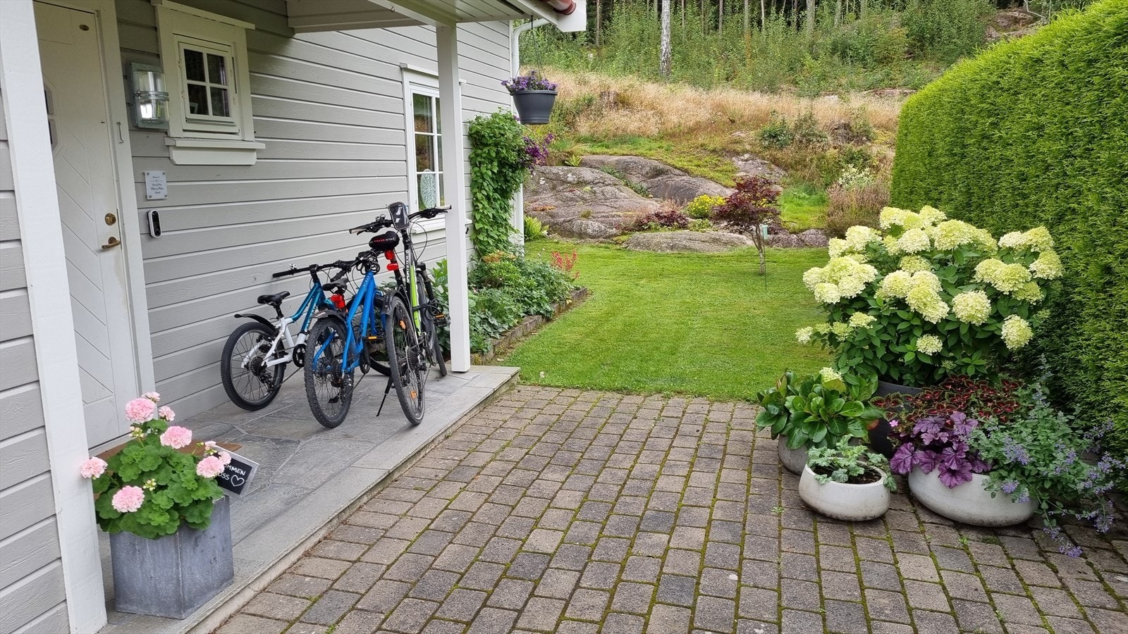 Private bilder som viser hvor fint det er på tomten på sommerstid - med nydelige flerårige stauder rundt om på eiendommen! Galleribilde
