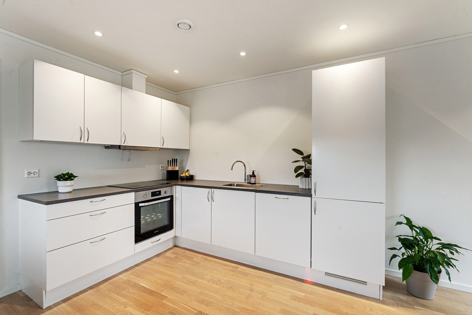 Kjøkkeninnredning med glatte fronter og benkeplate med laminert overflate. Det er videre utstyrt med integrert stekeovn, platetopp, oppvaskmaskin og kjøleskap med fryser. Galleribilde