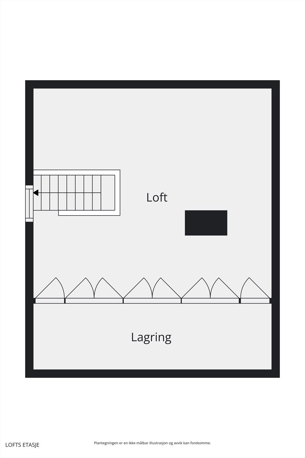Plantegning loft - tilkomst via luke i taket i stuen. Galleribilde