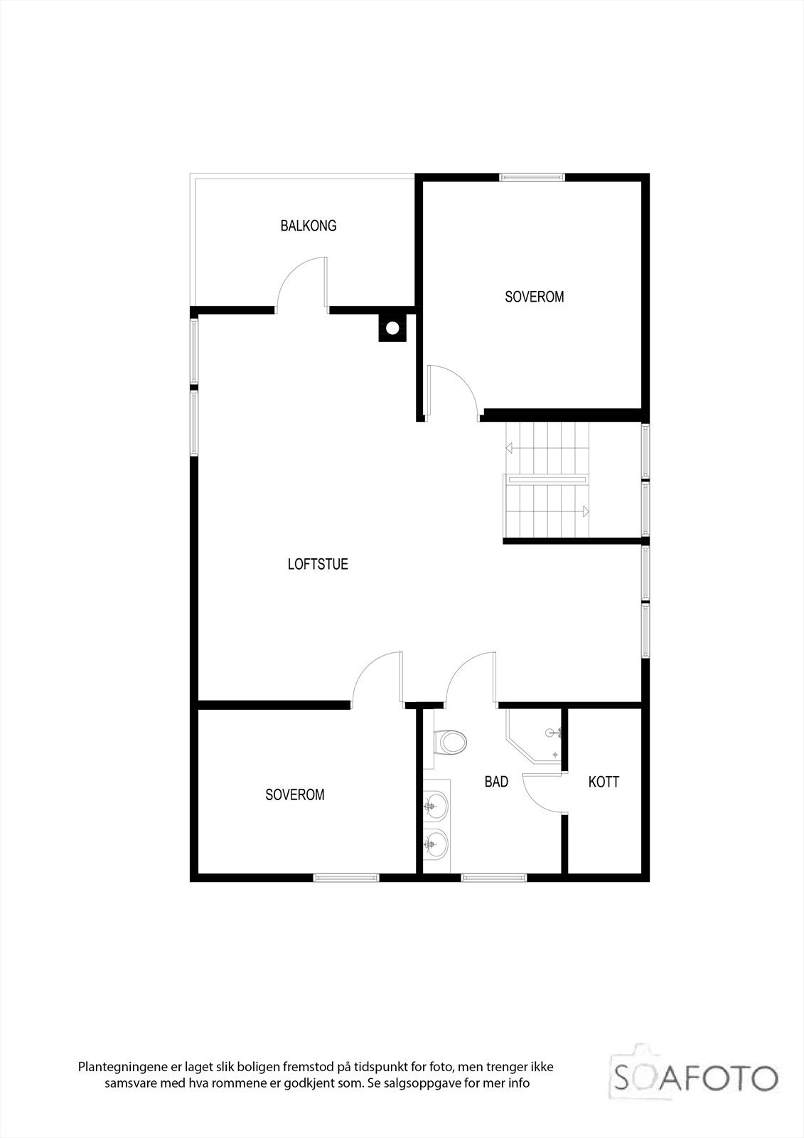 Planløsning 2. etasje. Opprinnelig tegnet med 2 soverom i denne etasjen. Det er også plass til flere. Galleribilde