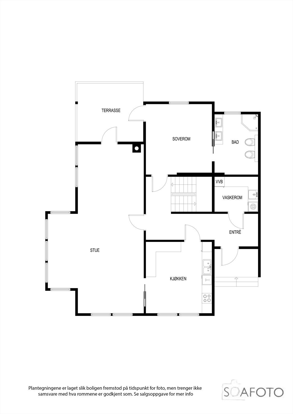 Planløsning 1. etasje på 121 kvm. Her er alt en trenger på ett plan, så eiendommen kan være et alternativ til leilighet. Galleribilde
