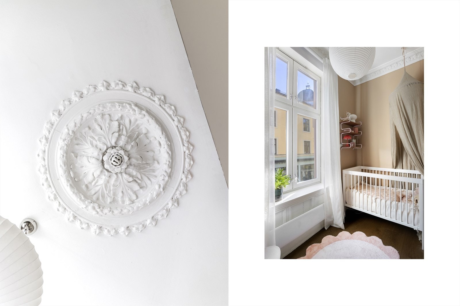 Soverom med god takhøyde og klassiske detaljer som høye vinduer og listverk Galleribilde