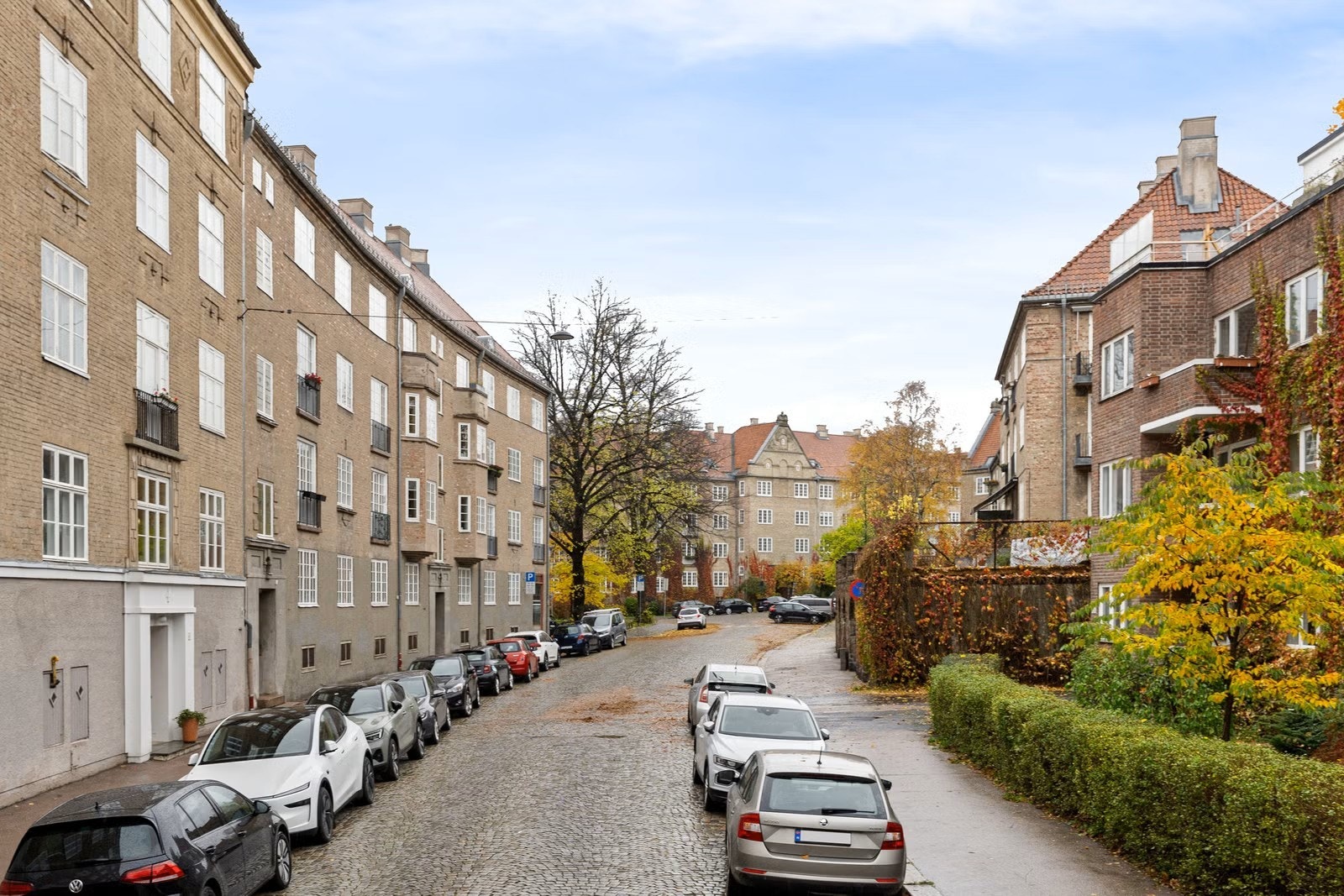 Hyggelig brostensbelagt gate med flere større trær som omkranser bygningene. Galleribilde