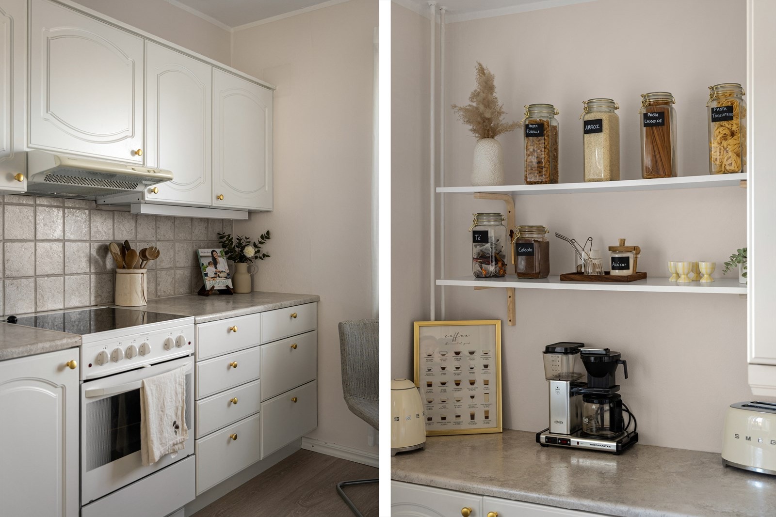 Kjøkken med hyggelig kaffekrok og åpne hyller for praktisk oppbevaring. Galleribilde