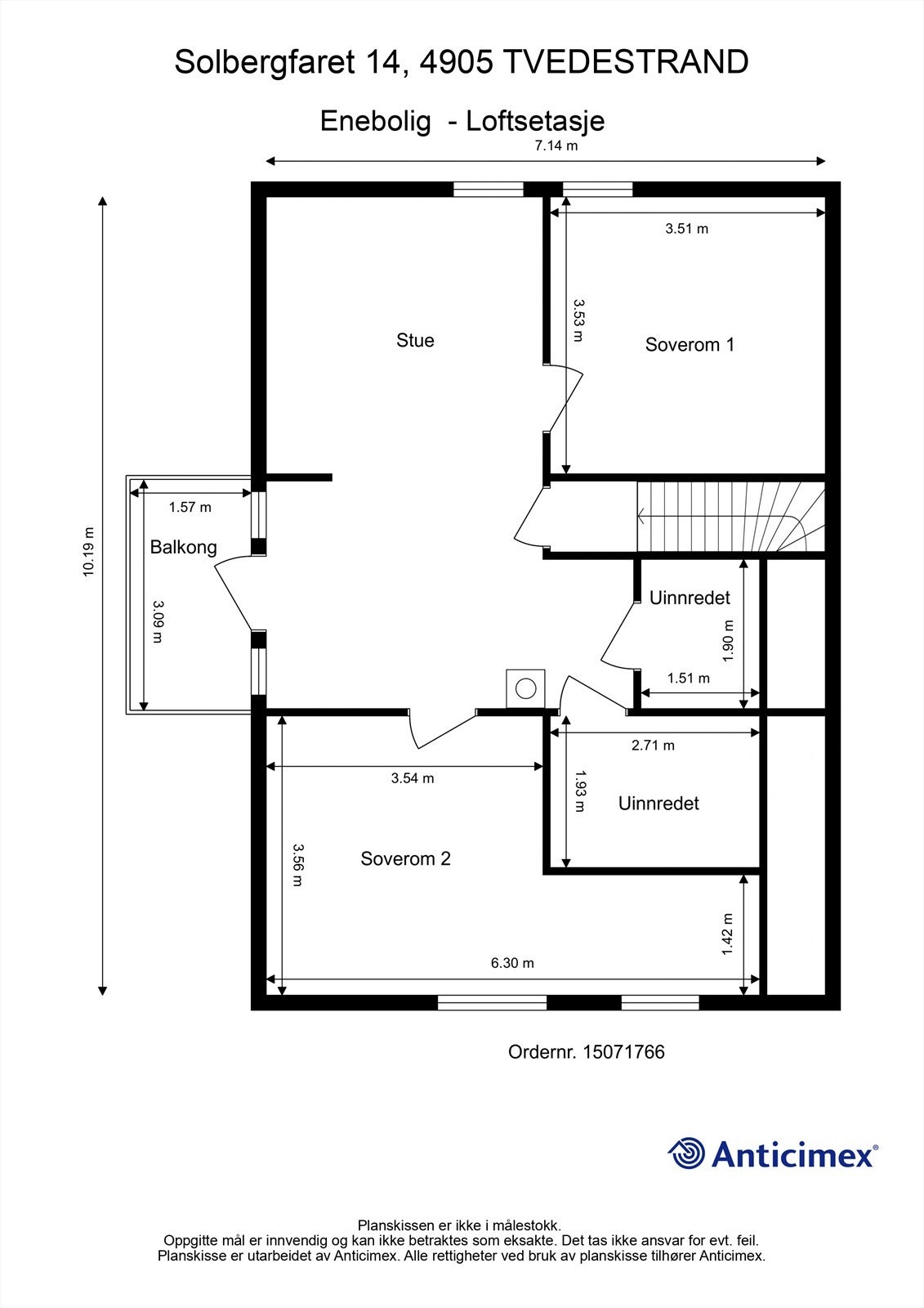 Plantegning 2. etasje. Det ene rommet som er uinnredet er tiltenkt bad hvor alt er tilrettelagt for dette. Del av loftstuen er tiltenkt soverom så her er det mulighet for å innredet til dette med enkle grep. Galleribilde
