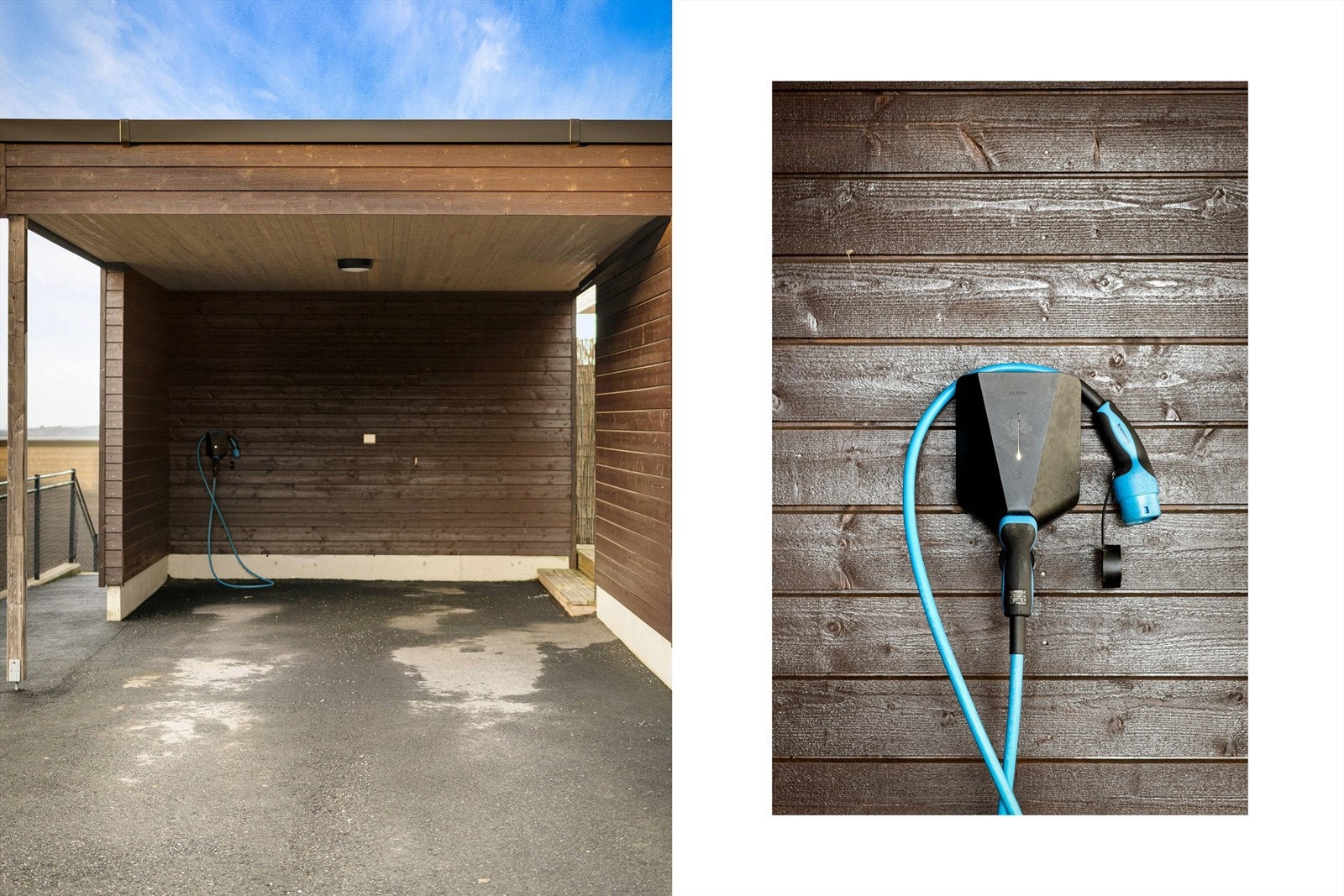 Carport på 21 kvm med elbil lader. Enkel adkomst til vaskerom fra carporten. Galleribilde