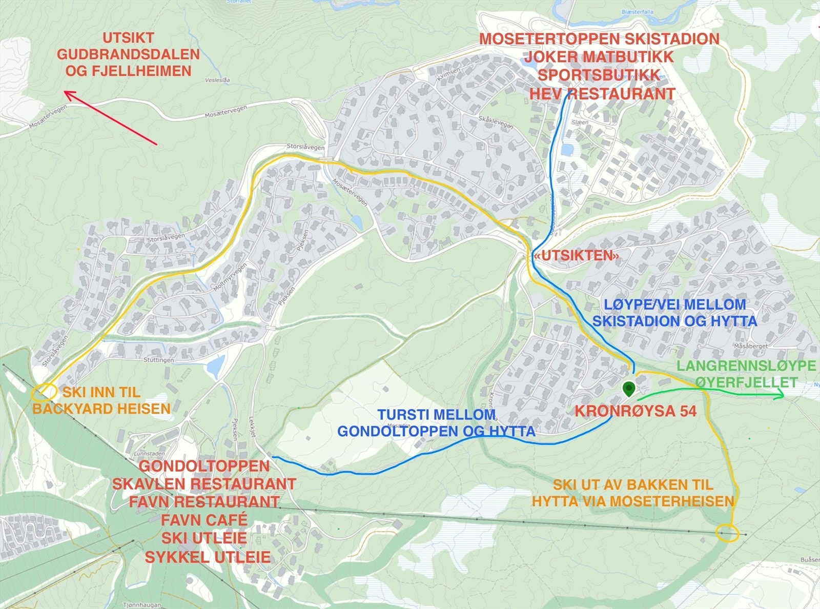 Områdekart Mosetertoppen med hytta Kronrøysa 54 ifht. både Gondoltoppen og Skistadion etc. Galleribilde
