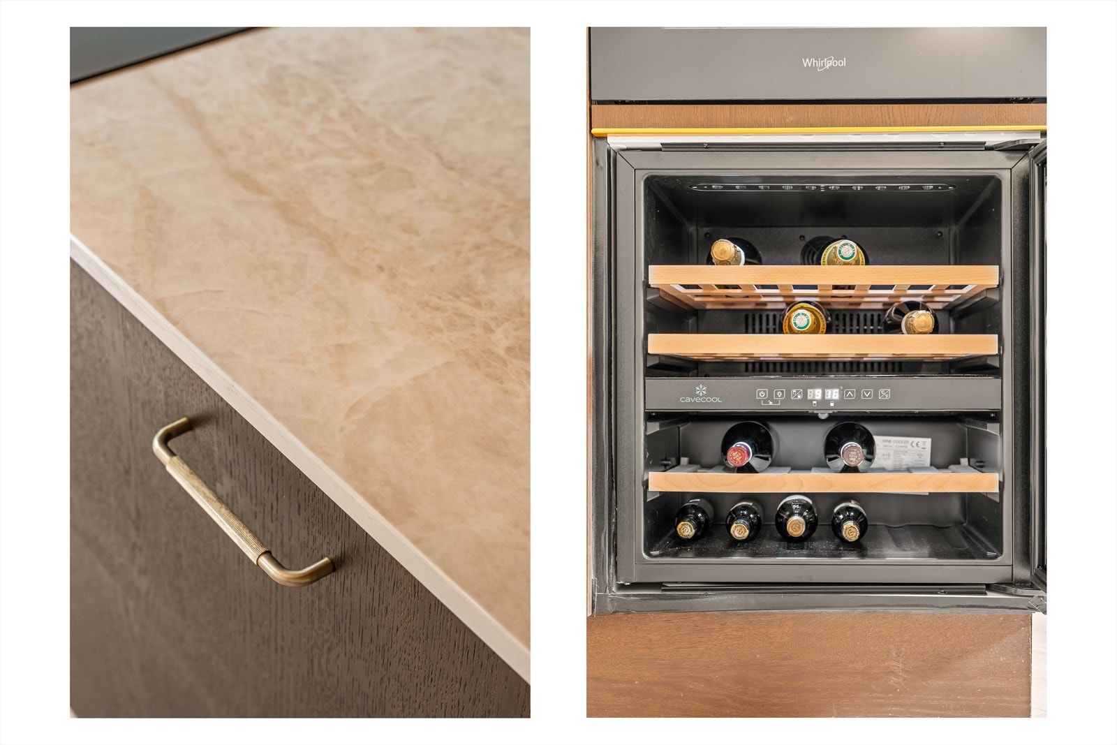 Induksjonstopp med benkeventilator og kullfilter, stekeovn, oppvaskmaskin, vinskap samt kjøl- og fryseskap medfølger handelen. Galleribilde