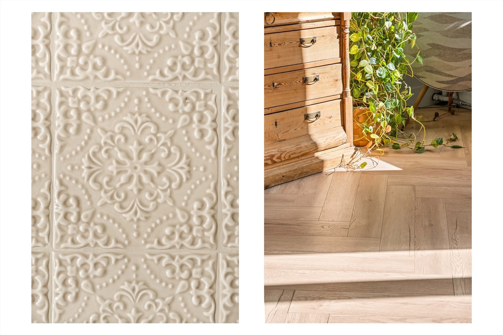 Detaljer fra peisomrammingen og det gjennomgående fiskebensgulvet. Galleribilde