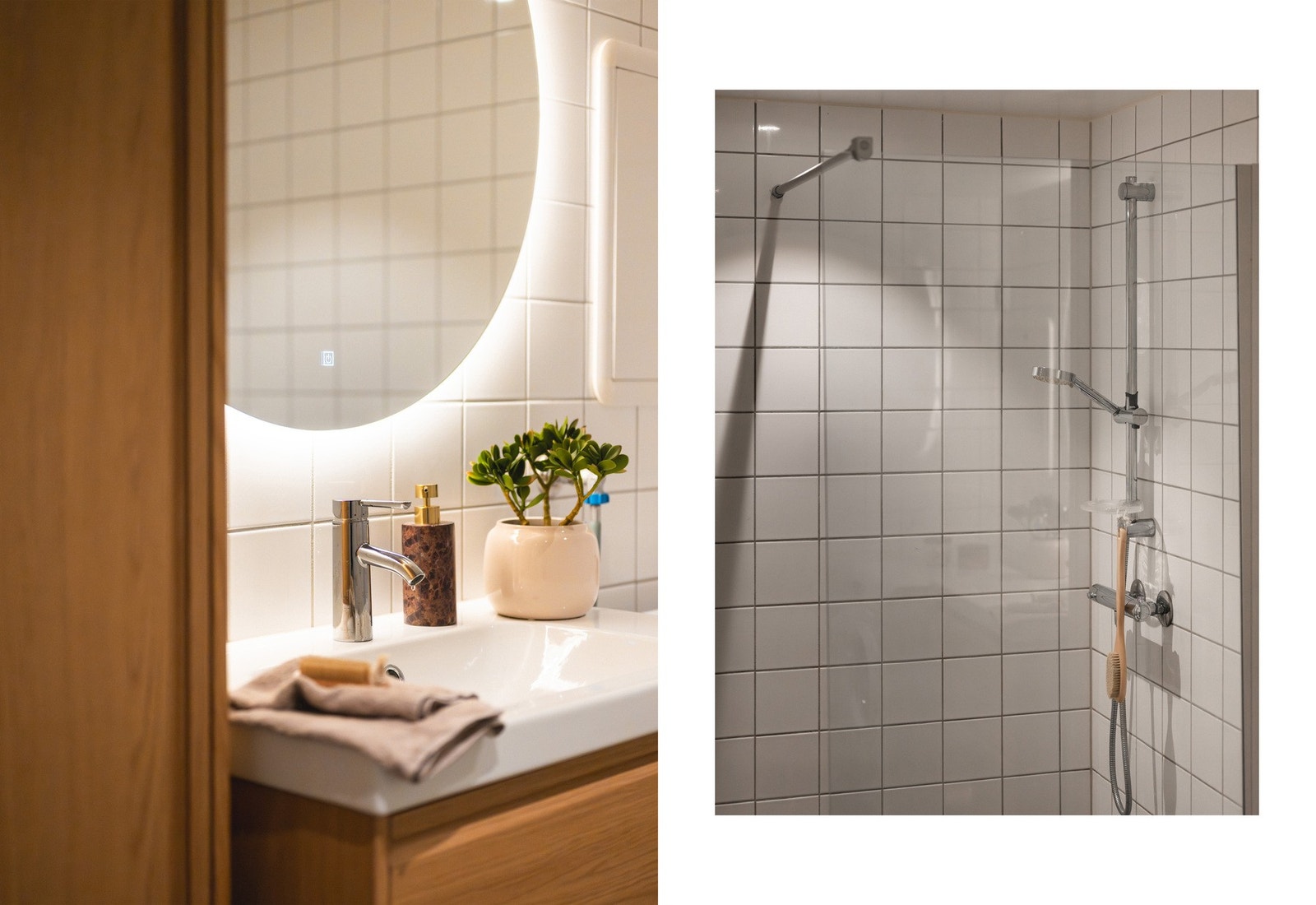 Badet inneholder vegghengt toalett, helstøpt servant, skuffer under servant med slette fronter, dusjvegg i klart glass og opplegg for vaskemaskin. Galleribilde