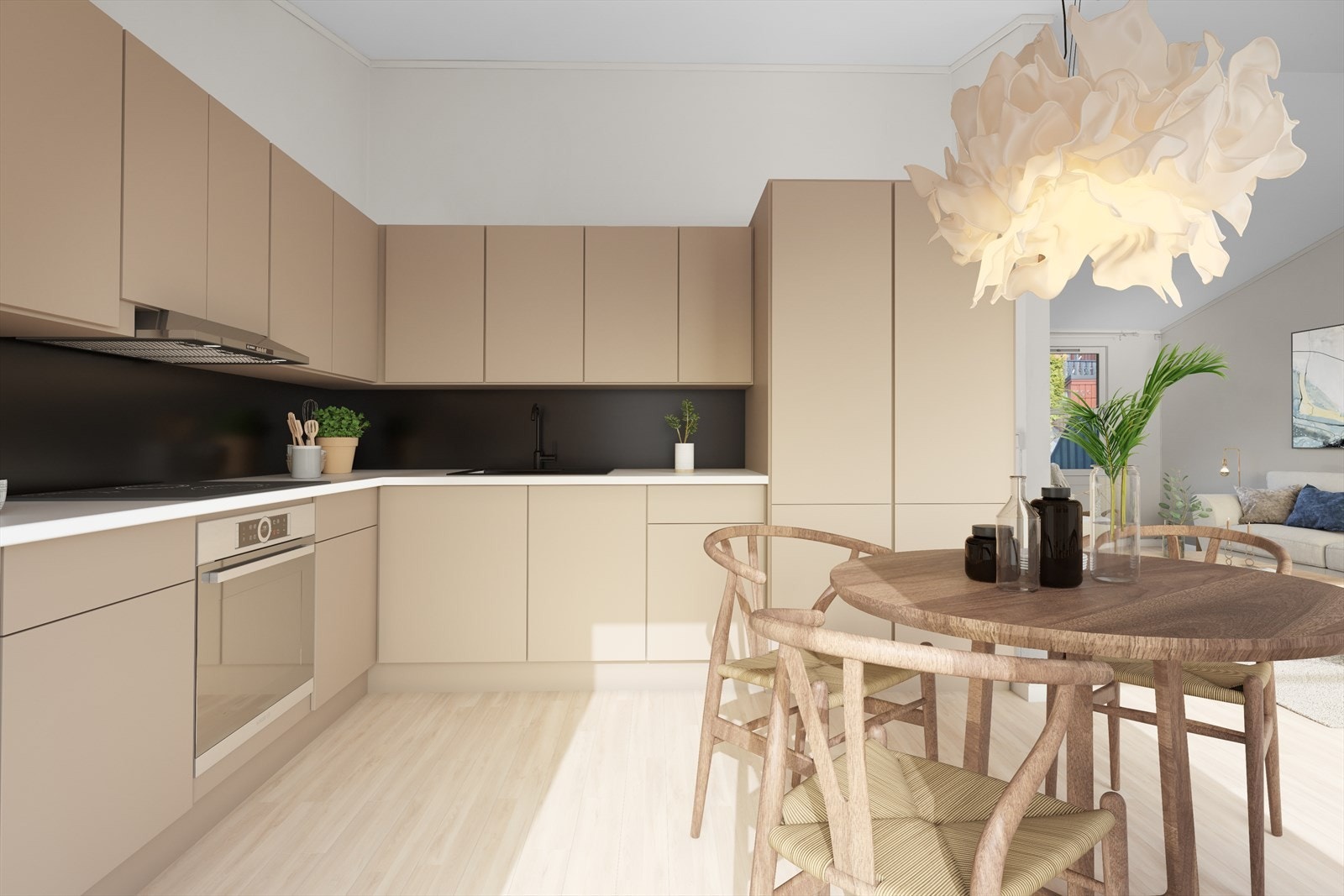 Slik kan kjøkkenet bli med en moderne innredning og en hyggelig spiseplass. Galleribilde