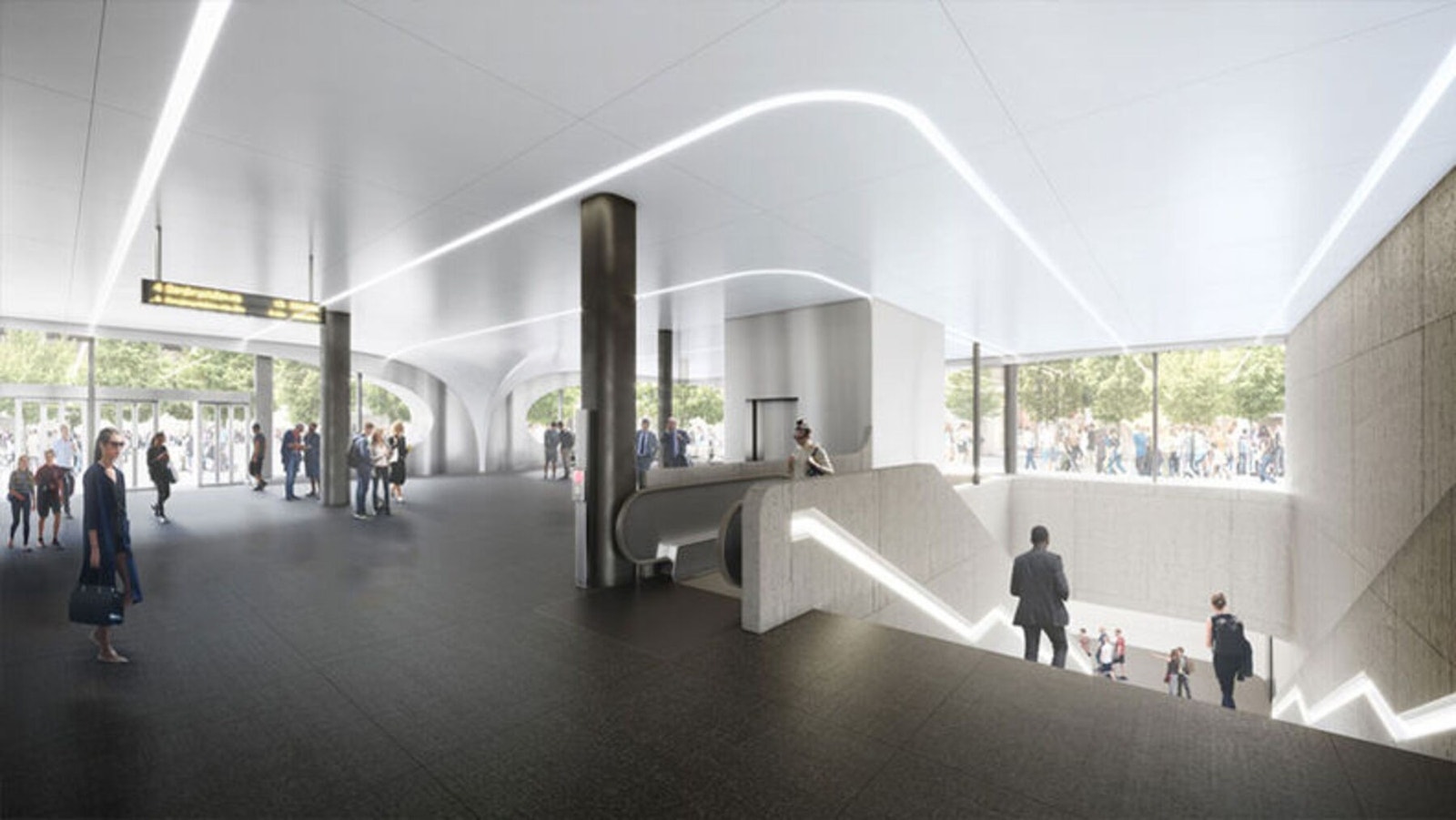 En av de to adkomstene til Fornebu stasjon (Visualisering av Zaha Hadid Architects og A-lab). Kreditering: Visualisering av Zaha Hadid Architects og A-lab. Galleribilde