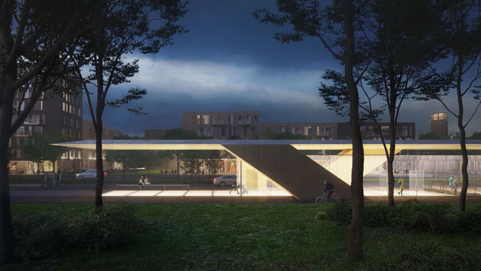 Flytårnet T-banestasjon med adkomst i Snarøyveien (Illustrasjon av Mestres Wåge Arkitekter, Imago-Atelier de Arquitectura og José Gigante). Kreditering: Illustrasjon av Mestres Wåge Arkitekter, Imago-Atelier de Arquitectura og José Gigante. Galleribilde