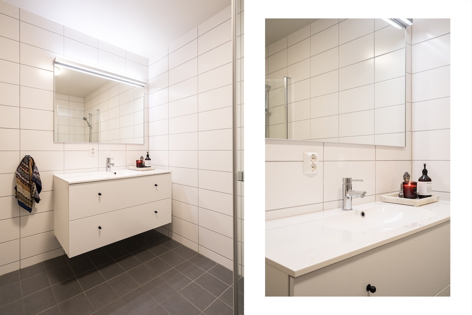 Hvite veggfliser kombineres med mørkegrå gulvfliser, og begge badene har gulvvarme, vegghengt toalett og et dusjhjørne med innfellbare glassdører. Galleribilde