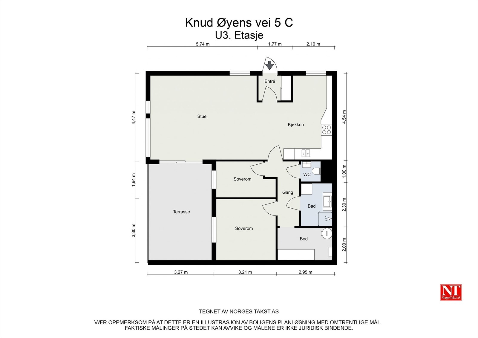 Leiligheten har en arealeffektiv planløsning på 80 m² med åpen stue- og kjøkkenløsning, to soverom og separat bad og WC. Galleribilde