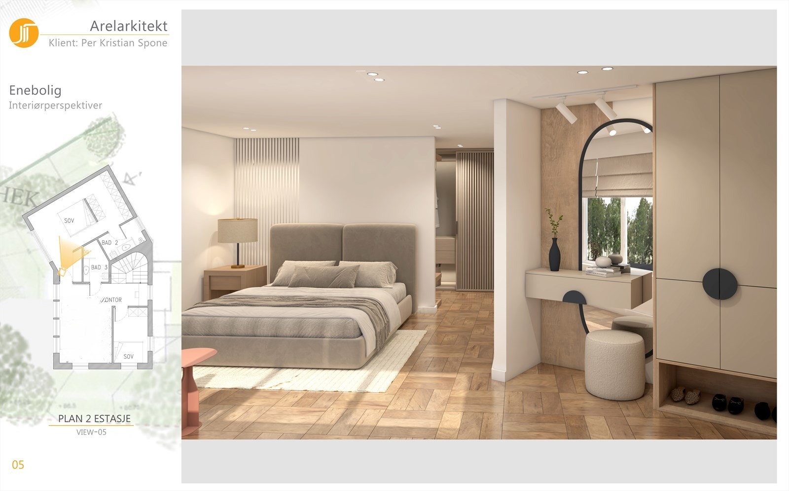 Boligen vil gå over 3 plan med en innholdsrik og gjennomtenkt planløsning - her fra den vakre mastersuiten Galleribilde