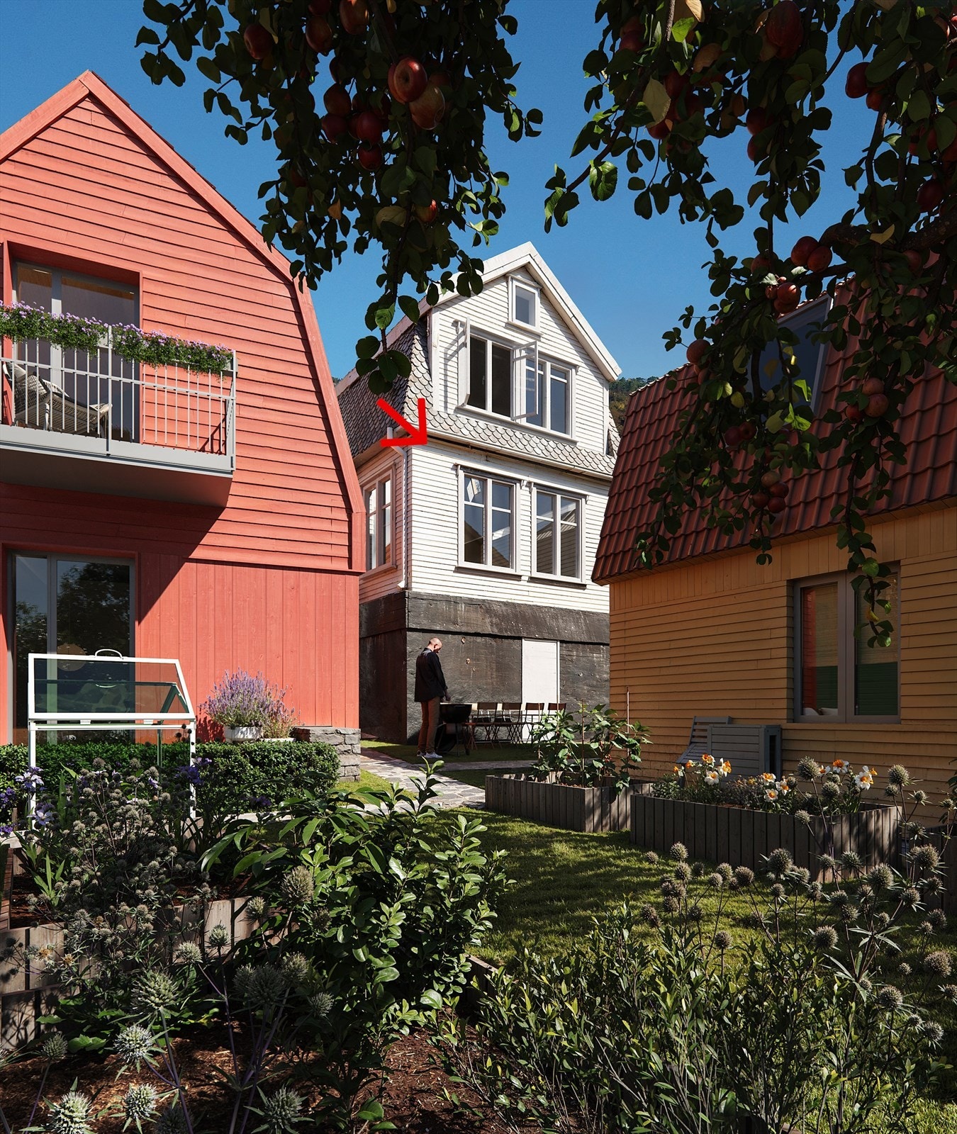 Et splitter nytt bergenshus avdukes i disse dager, det lyserøde. Det gule er på planleggingsstadiet... Galleribilde