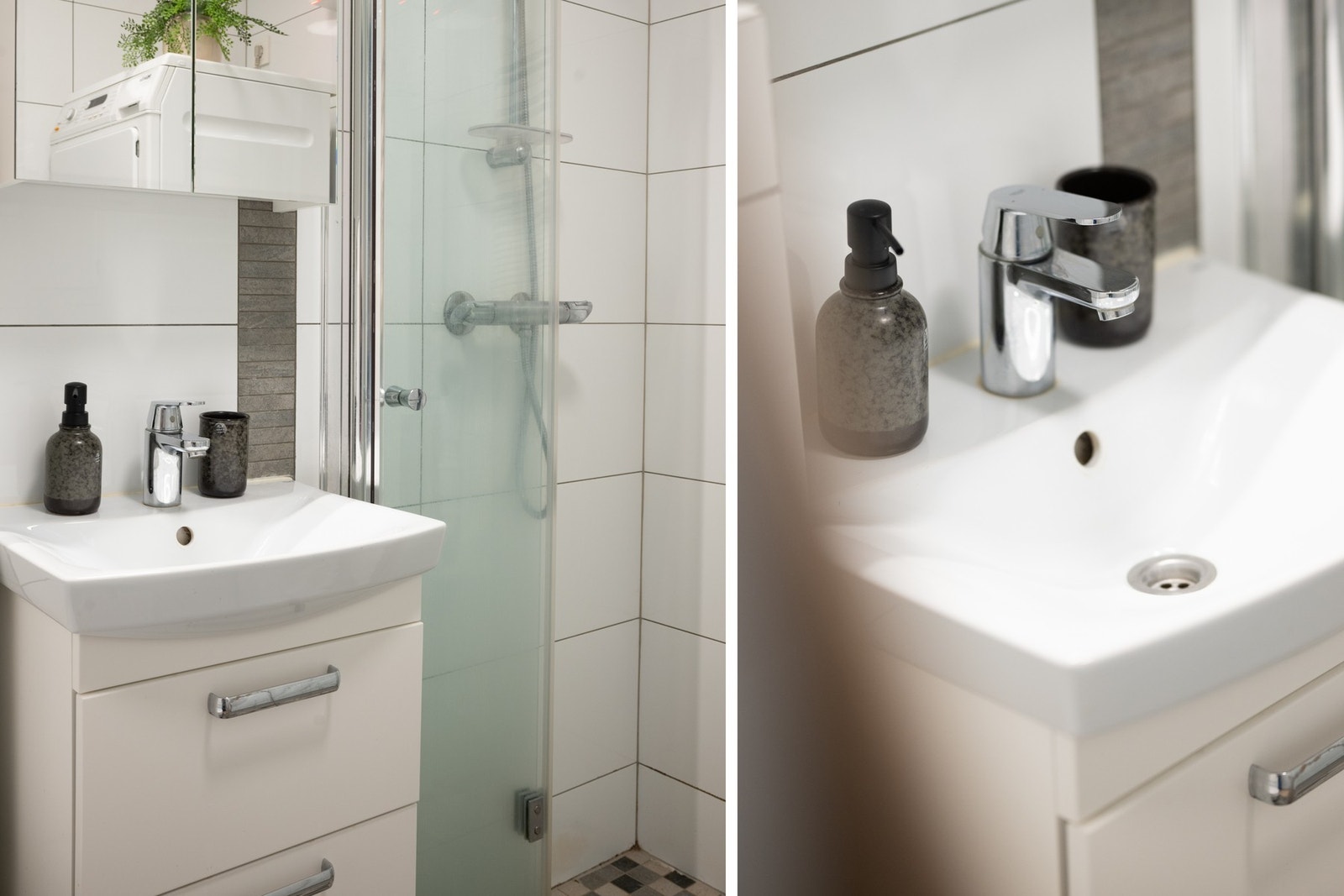 Badet har gulvvarme, og opplegg for både vaskemaskin og tørketrommel. Galleribilde